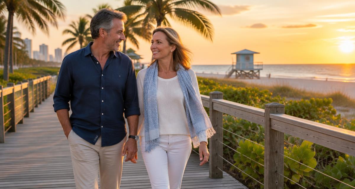 Smiling couple in their fifties walking on a South Florida beach boardwalk at sunset