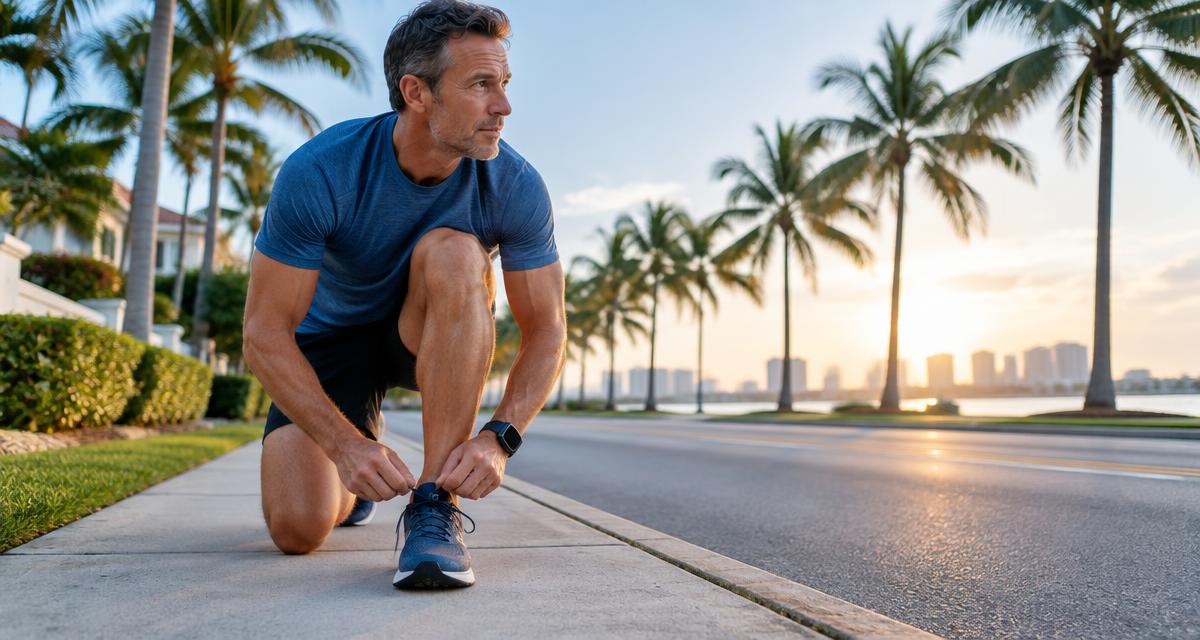 Man in his late forties tying his running shoes on a palm-lined Florida street at sunrise