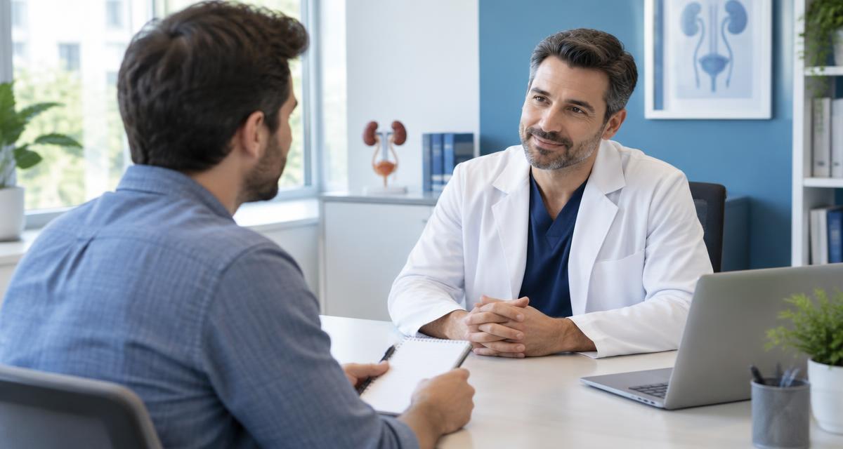 Patient with a notepad asking a urologist questions during a vasectomy consultation